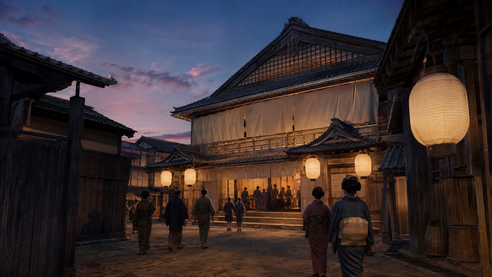 江戸時代の歌舞伎芝居小屋へ向かう人々