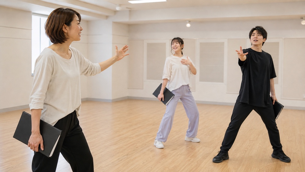 演技スタジオで表現練習に取り組む講師と受講生