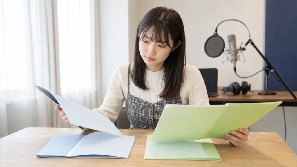 声優専門学校の認可校と無認可校の進学資料を比較検討する学生
