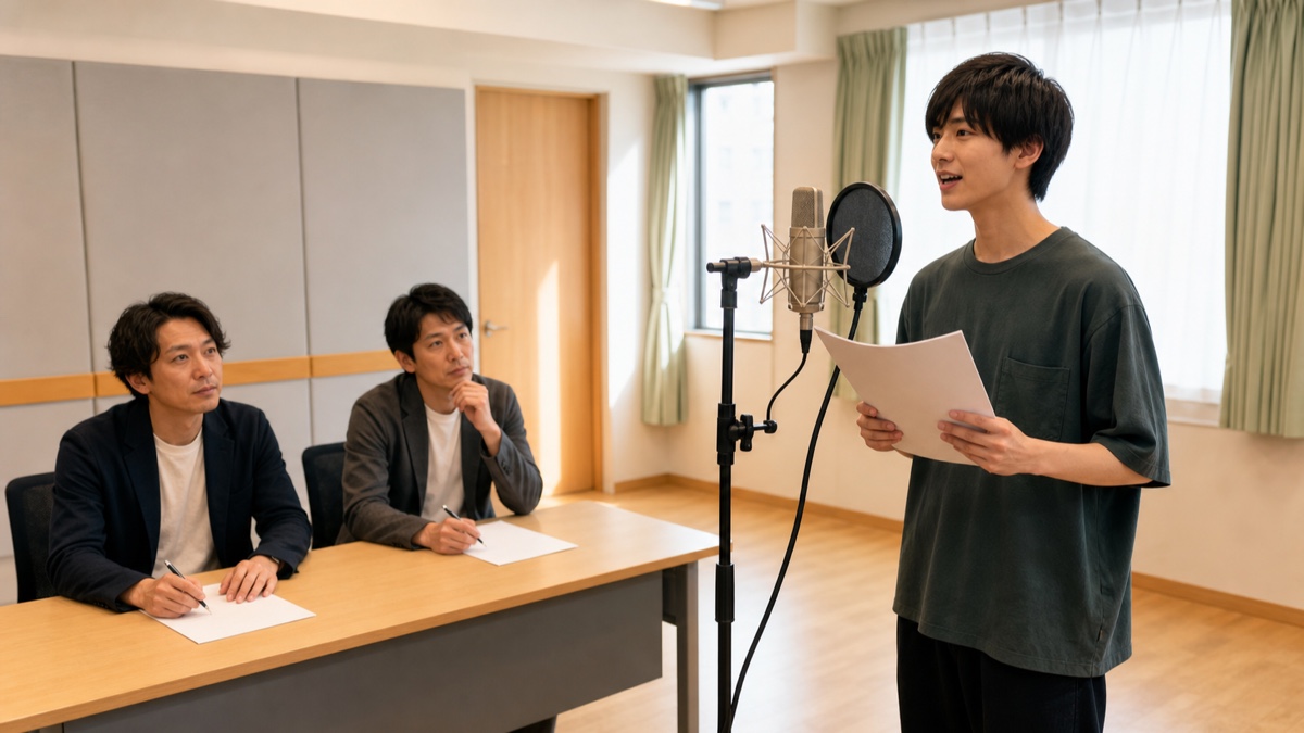 声優専門学校の学内オーディションで審査を受ける学生