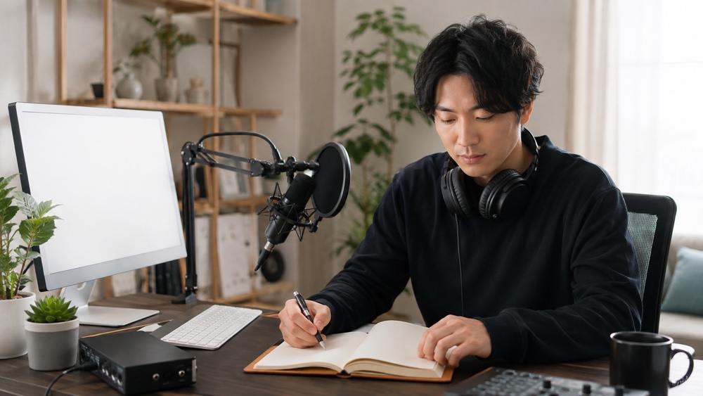 自宅の録音環境で仕事の予定を整理するフリーランス声優