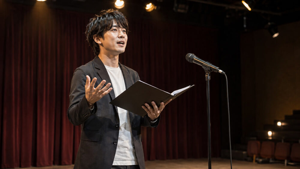 朗読劇の舞台で台本を読みながら演じる声優