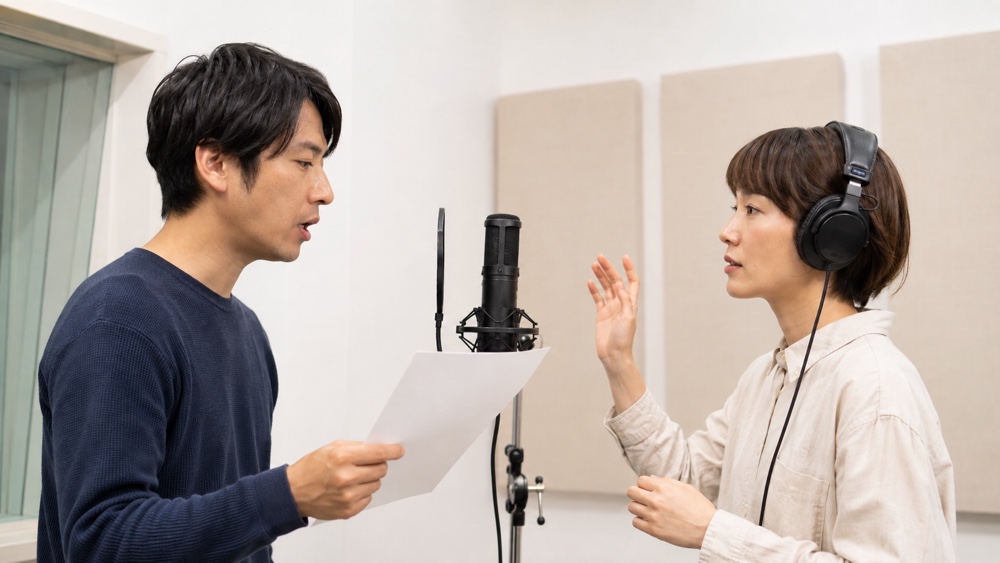 滑舌と間の取り方を講師と確認しながら練習する男性