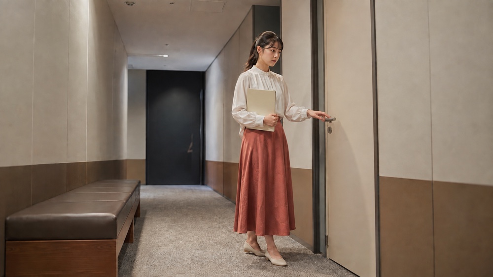 オーディション会場で入室直前に緊張する女性