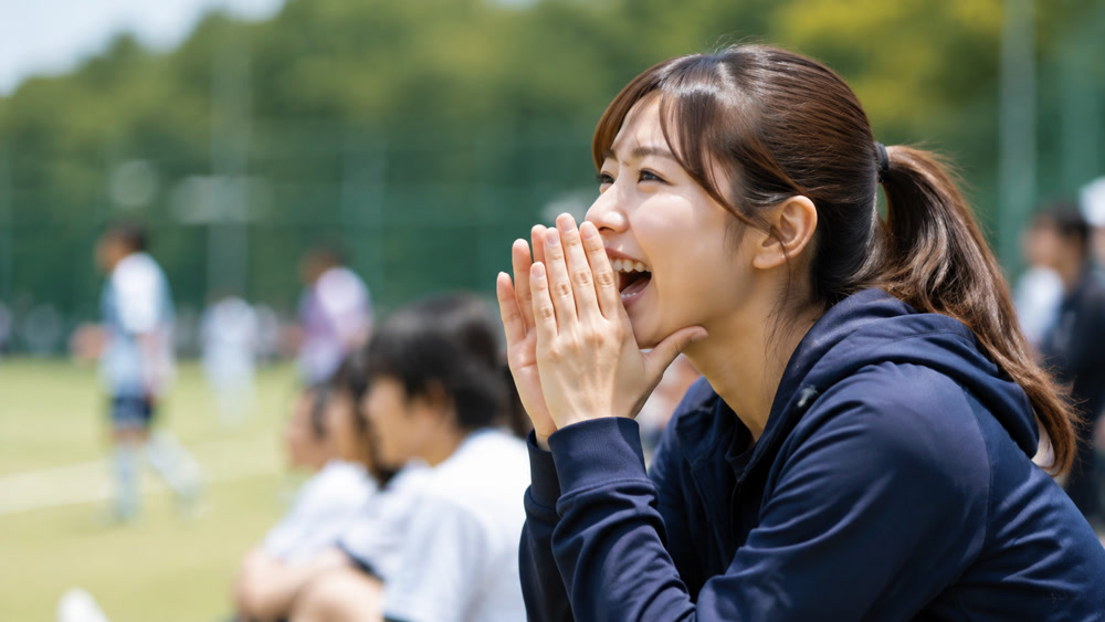 スポーツの仲間を明るく応援する女性