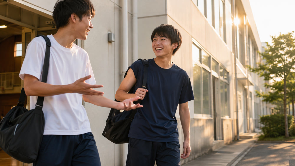部活帰りに笑い合う男子高校生の友情シーン