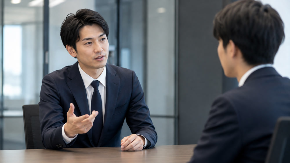 仕事の場で後輩に落ち着いて話すスーツ姿の男性
