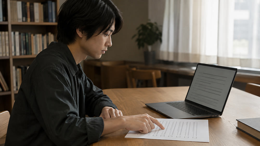 落ち着いた室内で利用規約と権利条件を確認する男性