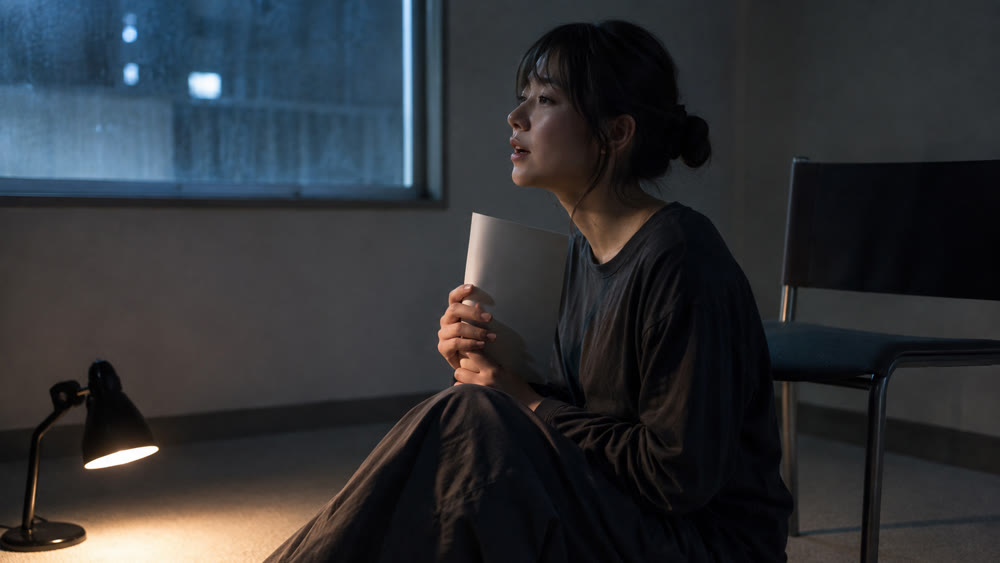 薄暗い部屋で台本を抱えて静かに独白する女性