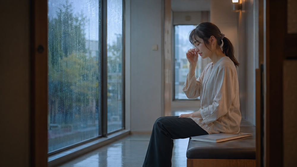 雨の日の稽古後に涙を拭い安堵する女性