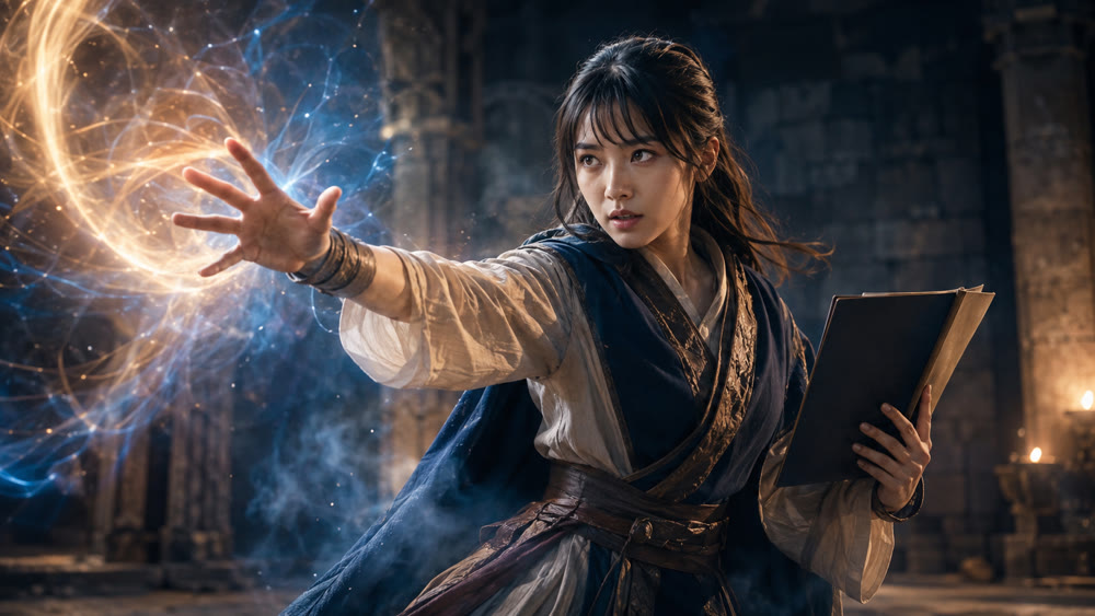 魔法詠唱をしながら戦闘に挑むファンタジー役の女性