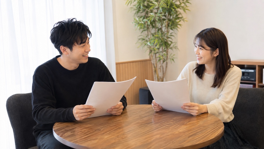 友人同士で2人掛け合いの台本を読み合わせる男女