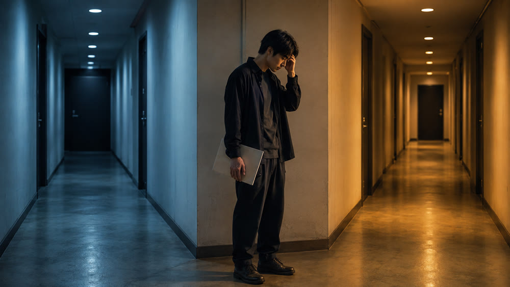 二つの道の間で葛藤し思い悩む台本を持った男性