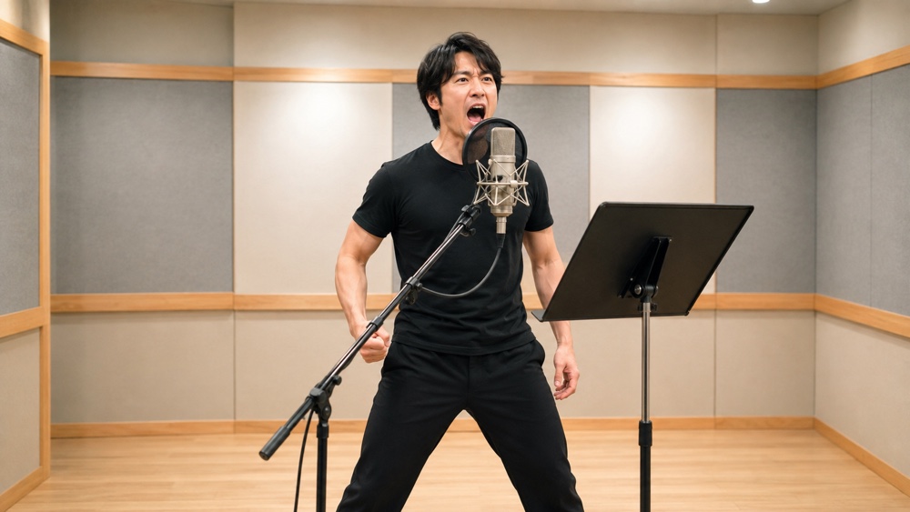 マイク前で力強く気合いを入れて発声する男性