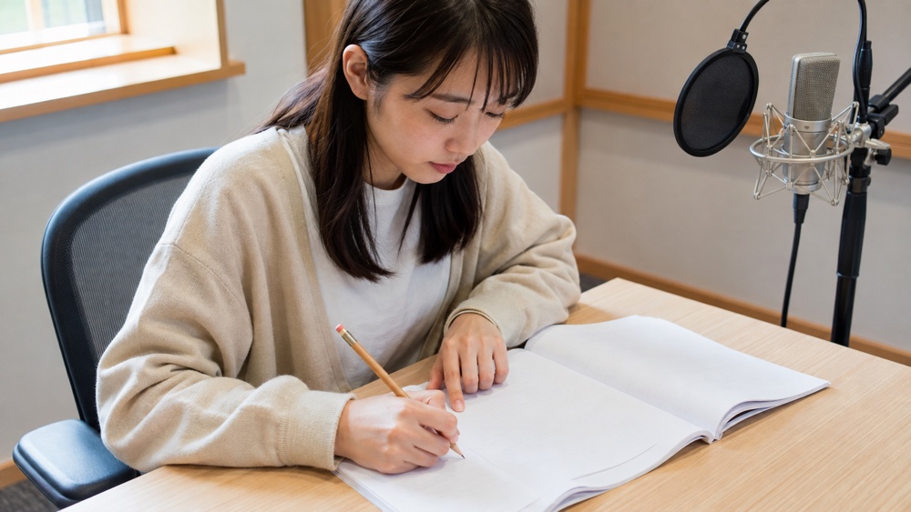台本に書き込みながら読み方と演技を確認する女性
