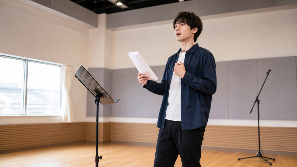 台本を手に前向きに演技練習へ取り組む声優志望の男性