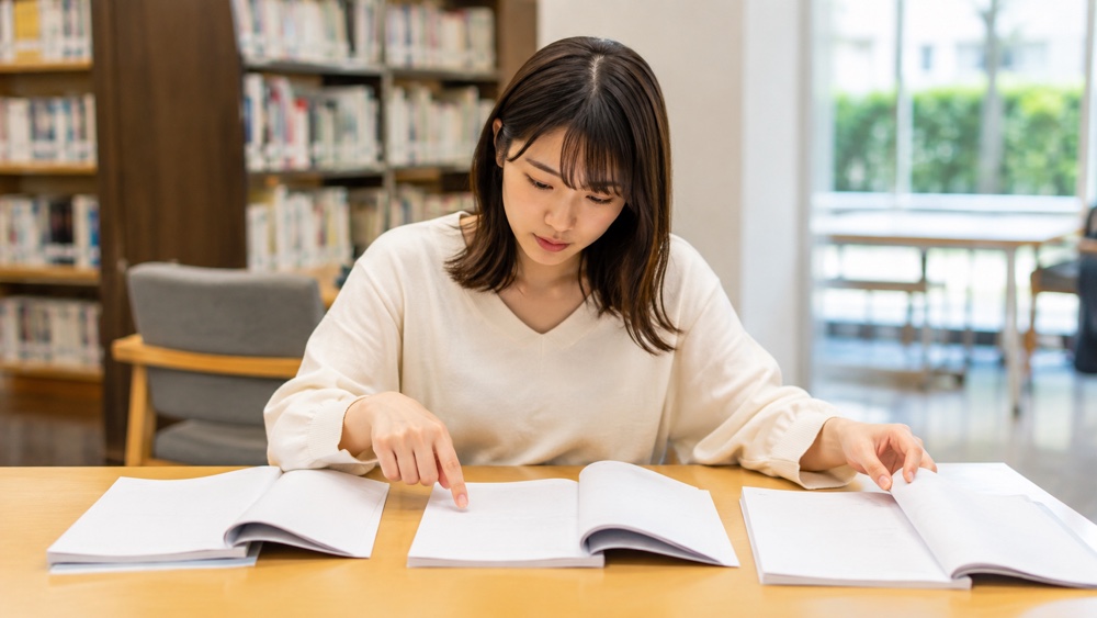 複数のセリフ台本を見比べて選ぶ女性