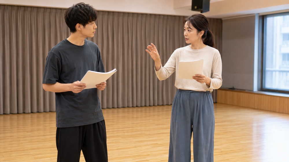 演技練習で先輩が後輩に表現を指導する場面