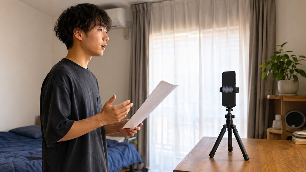 自宅でスマホのボイスメモにセリフを録音する男性