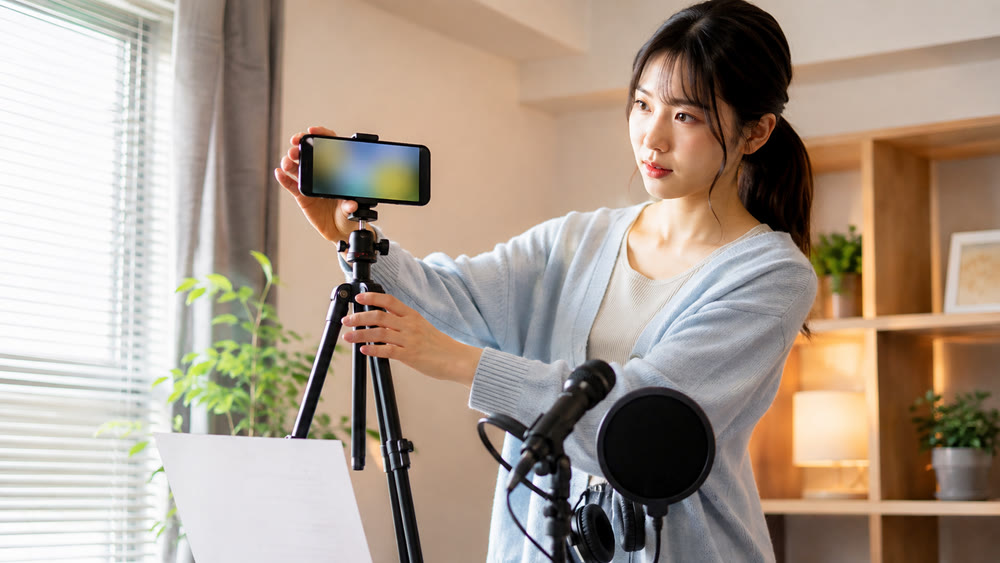 スマホとマイクを準備してSNS配信前の確認をする女性