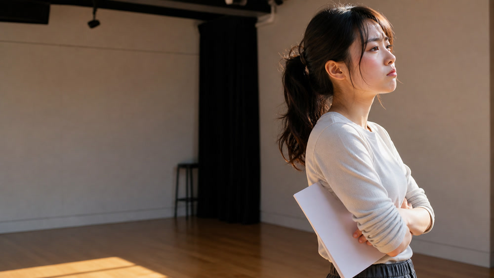 腕を組んで視線をそらし素直になれない強気な役を演じる女性