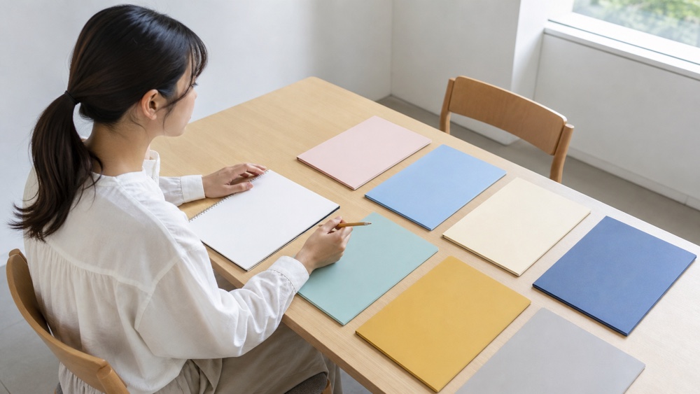 複数校の資料を広げて講師情報のチェック項目を比較する学生