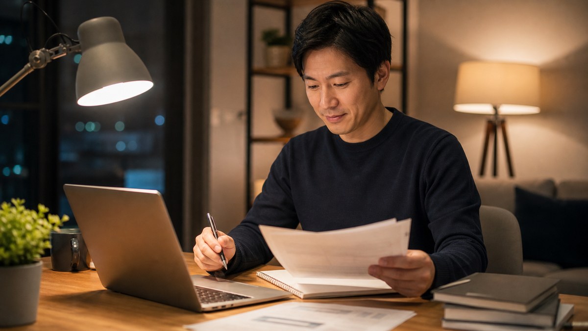 プレゼン前日に資料を整理して準備する社会人