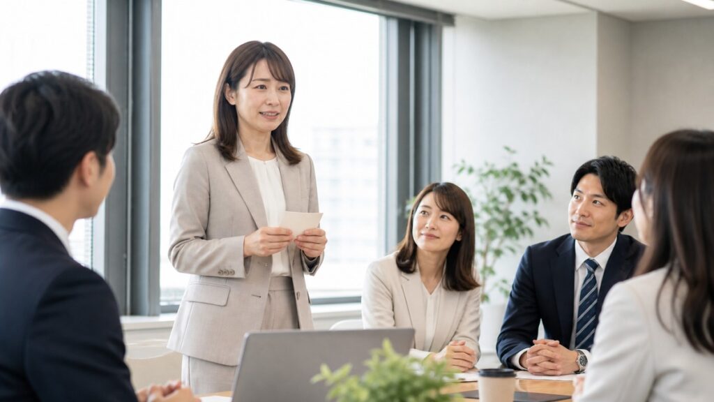 自己紹介で緊張している30代女性