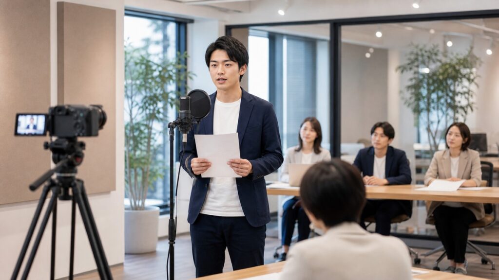 アナウンサー志望者が実技練習で少し緊張しながら話す場面