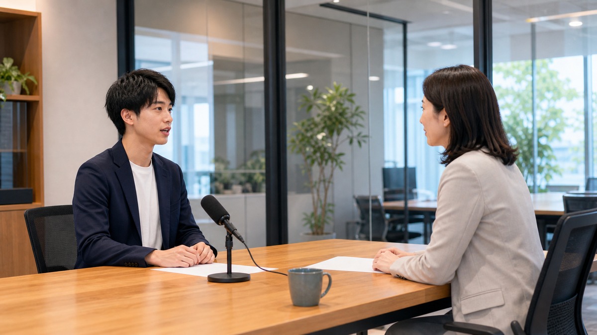 講師とアナウンス練習をするアナウンサー志望者