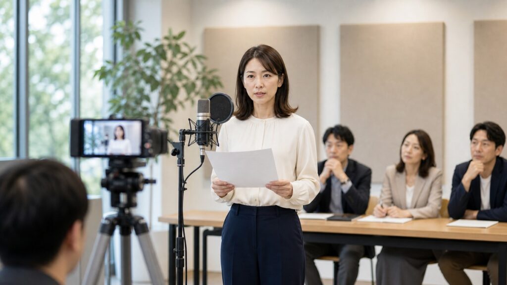 アナウンサーの採用練習で少し緊張しながら話す社会人