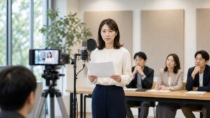 アナウンサーの採用練習で少し緊張しながら話す社会人