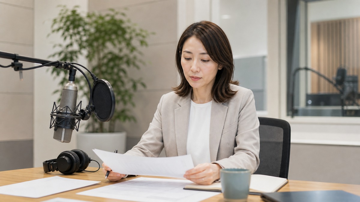 アナウンサーの仕事に向けて原稿を確認する社会人