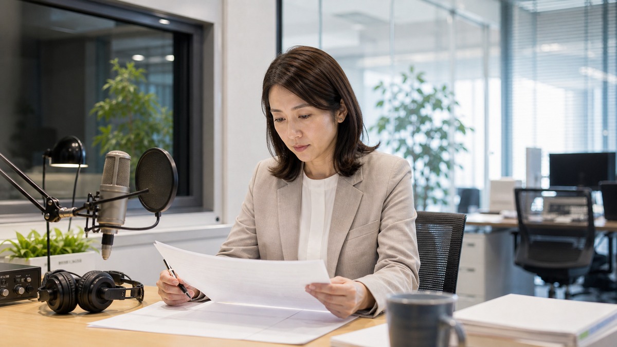 アナウンサーの本番前に原稿を確認する社会人