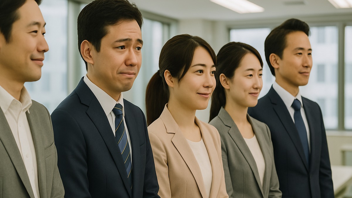 朝礼で同じ方向を向き少し緊張した表情の社会人