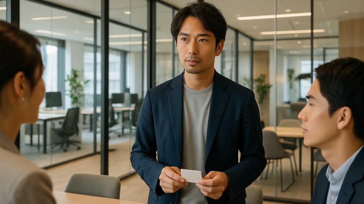 朝礼で短く話す準備をする30代後半の男性