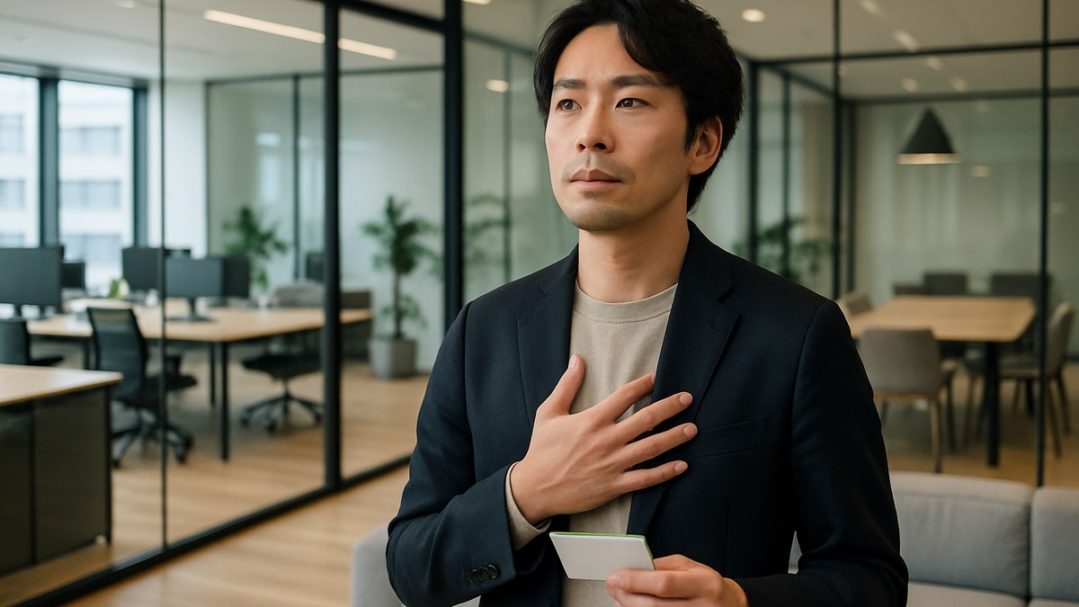 今っぽい職場で呼吸を整える30代後半の男性