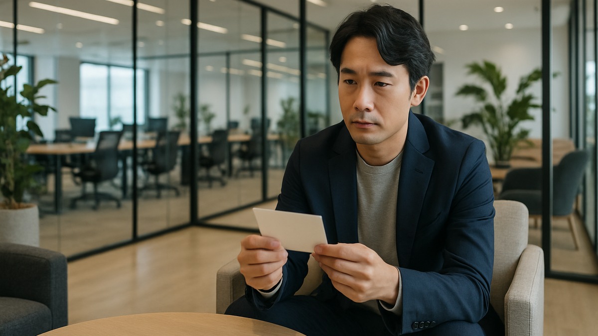 朝礼前にメモを確認する30代後半の男性