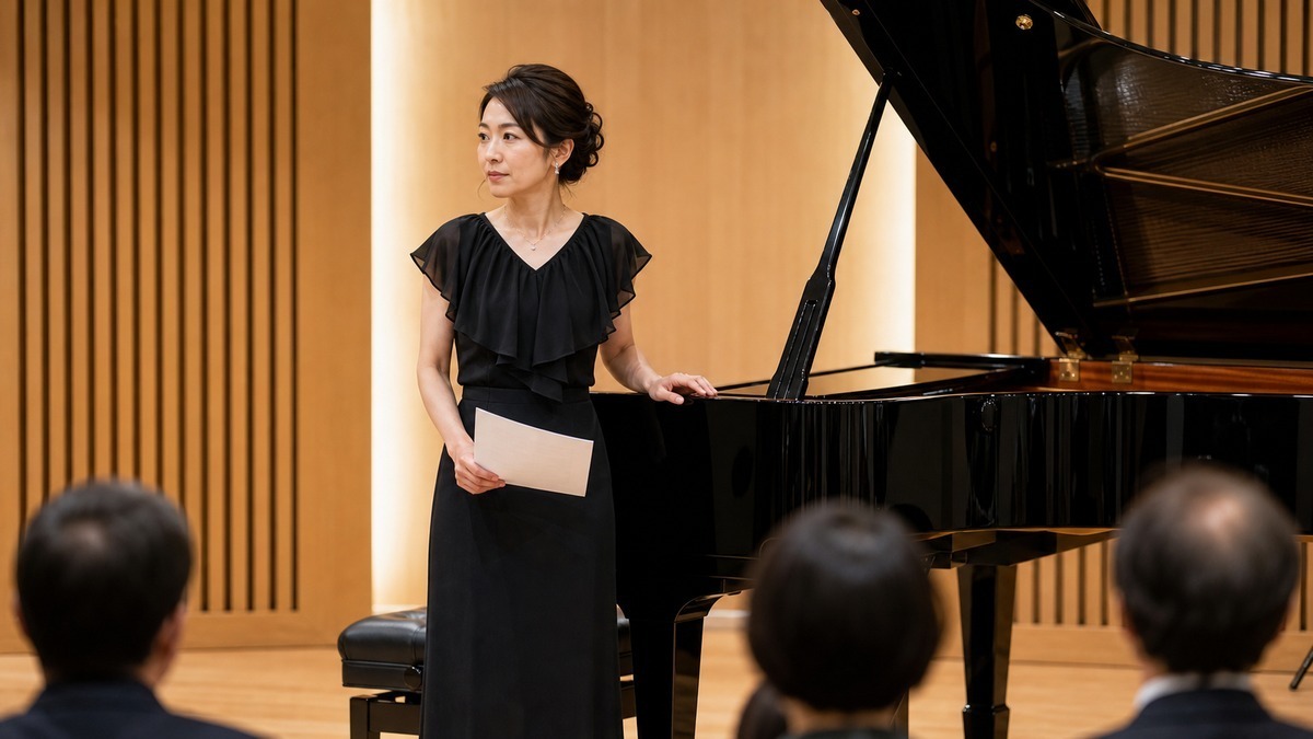 演奏本番前にピアノの横で落ち着こうとする女性