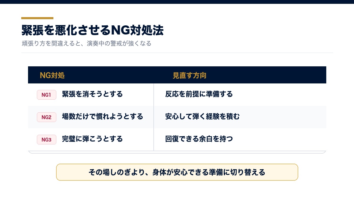 演奏の緊張を悪化させるNG対処法の図解