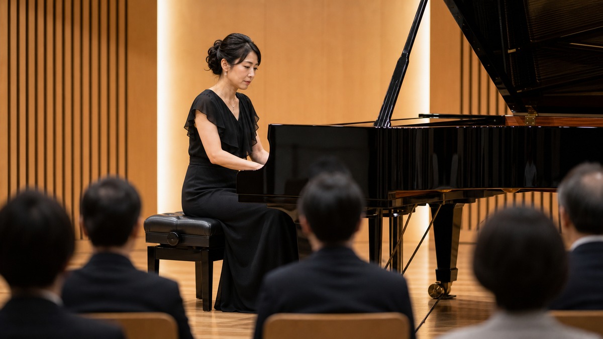 ピアノ発表会で観客の前で演奏する女性
