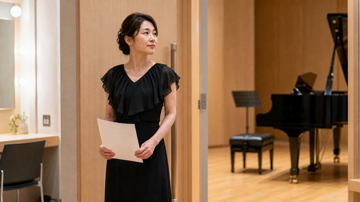 演奏本番前に舞台袖で呼吸を整える女性