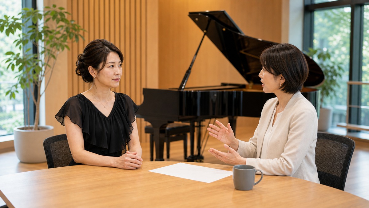 講師と演奏本番力について相談する女性