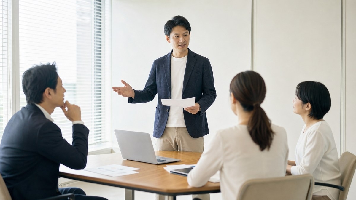 職場の自己紹介で落ち着いて話す社会人
