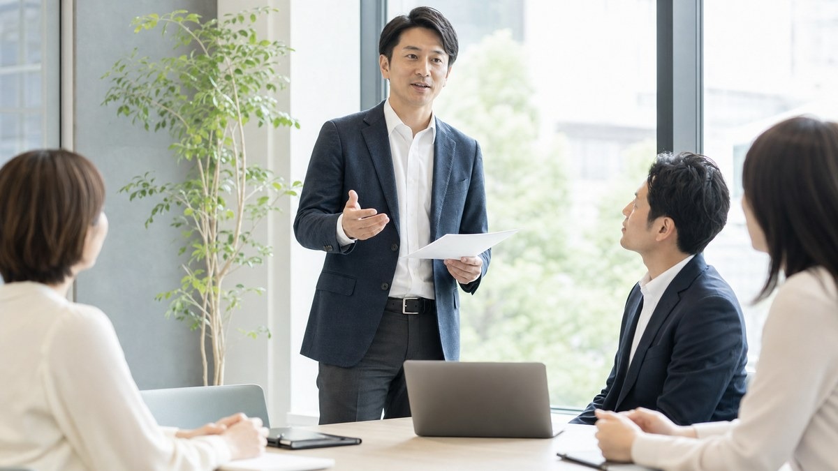 少人数の前で発言の練習をする社会人