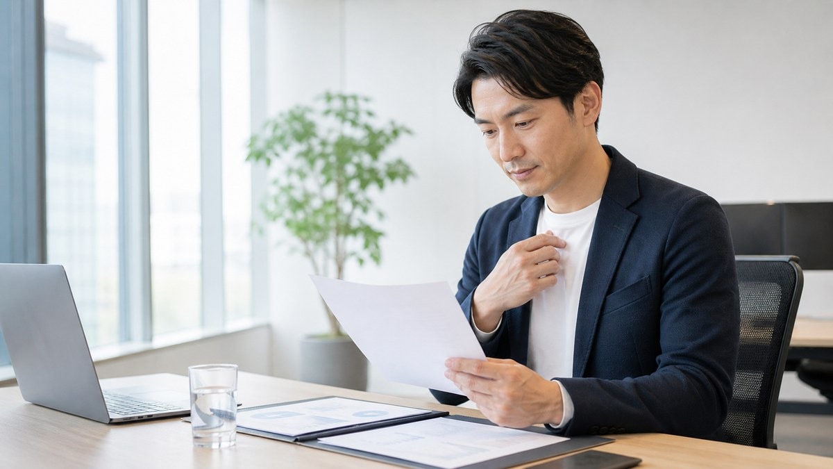 自己紹介前に落ち着いて資料を確認する社会人