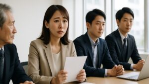 会議で発言を求められて緊張する女性