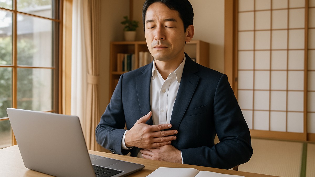 オンライン会議前に呼吸を整える社会人