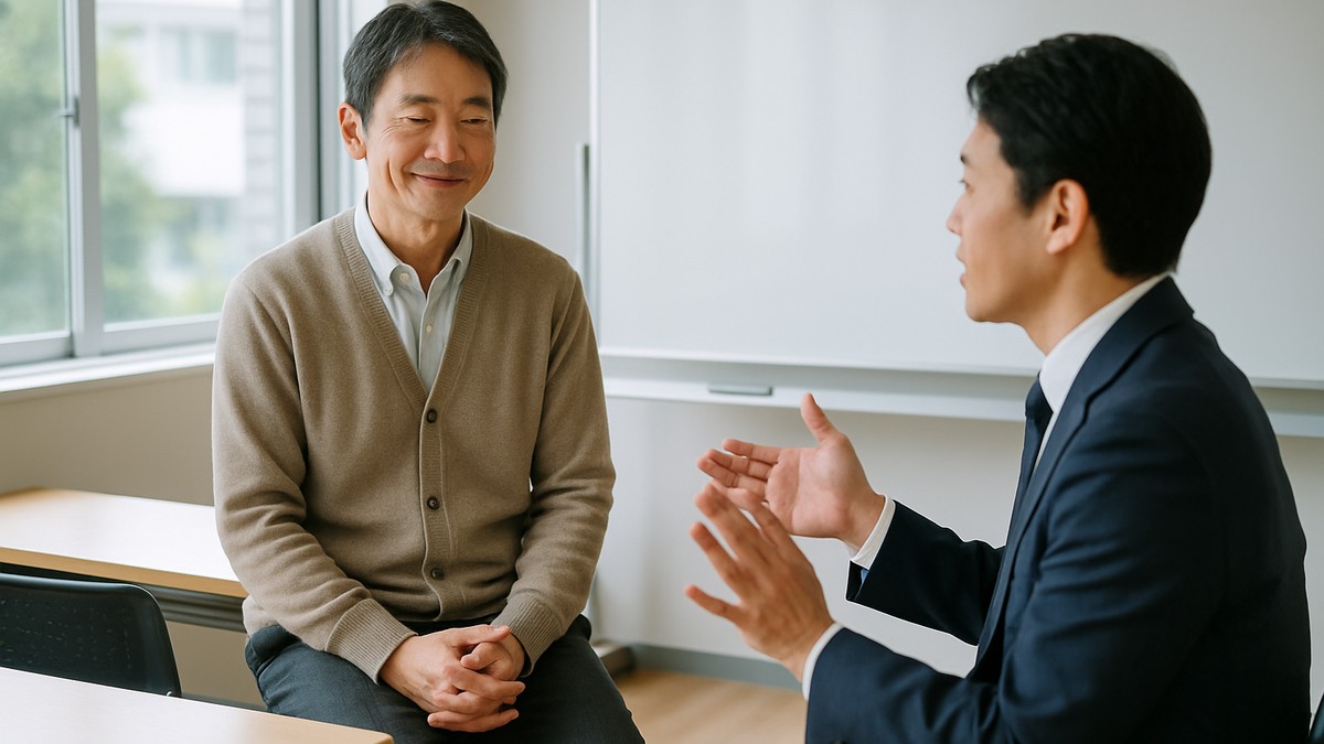 講師と会議発言の練習をする社会人