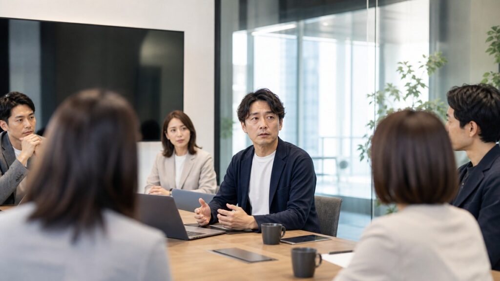 管理職として会議で発言を求められて少し緊張している社会人